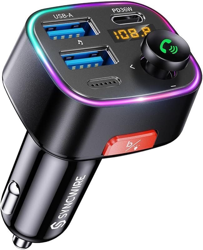 Syncwire Bluetooth 5.4 Car FM Transmitter with 48W Fast Charging LED D