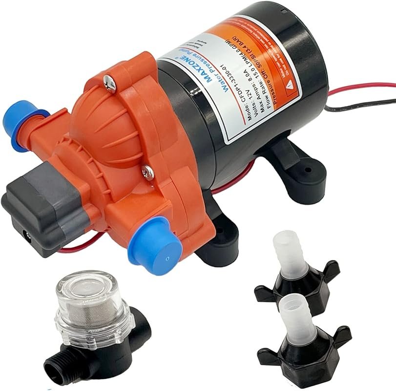 12 Volt DC Fresh Water Diaphragm Pump with 4.0 GPM Flow and 50 PSI Pre