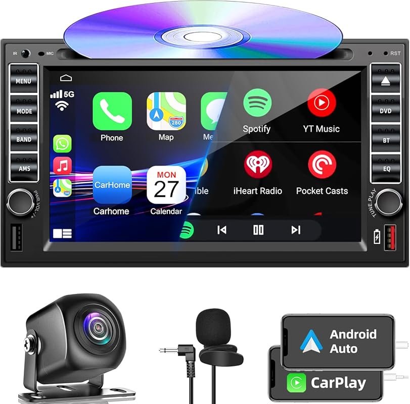 Double DIN Car Stereo 7-Inch HD Touchscreen with CarPlay, Android Auto