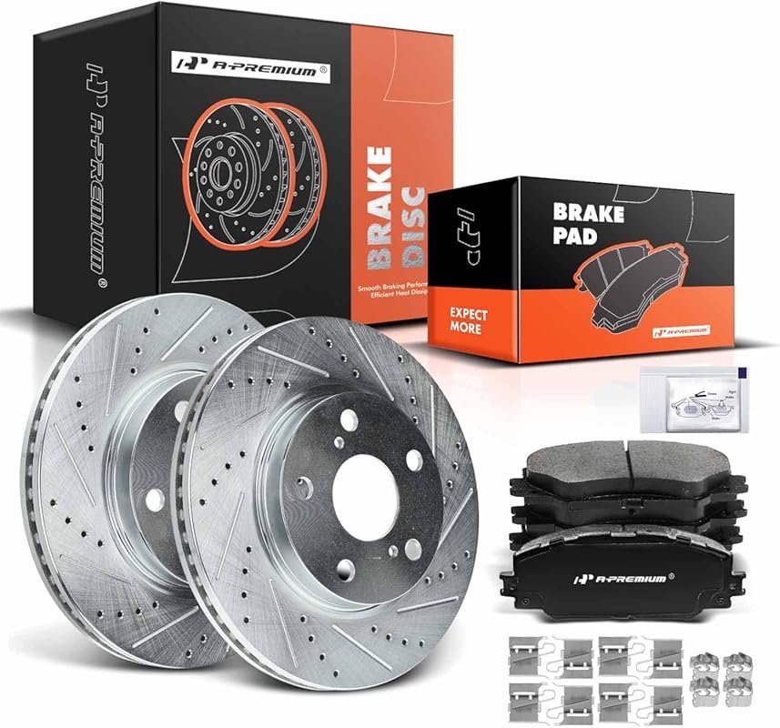 A-Premium Front Brake Kit with Drilled and Slotted Rotors and Ceramic