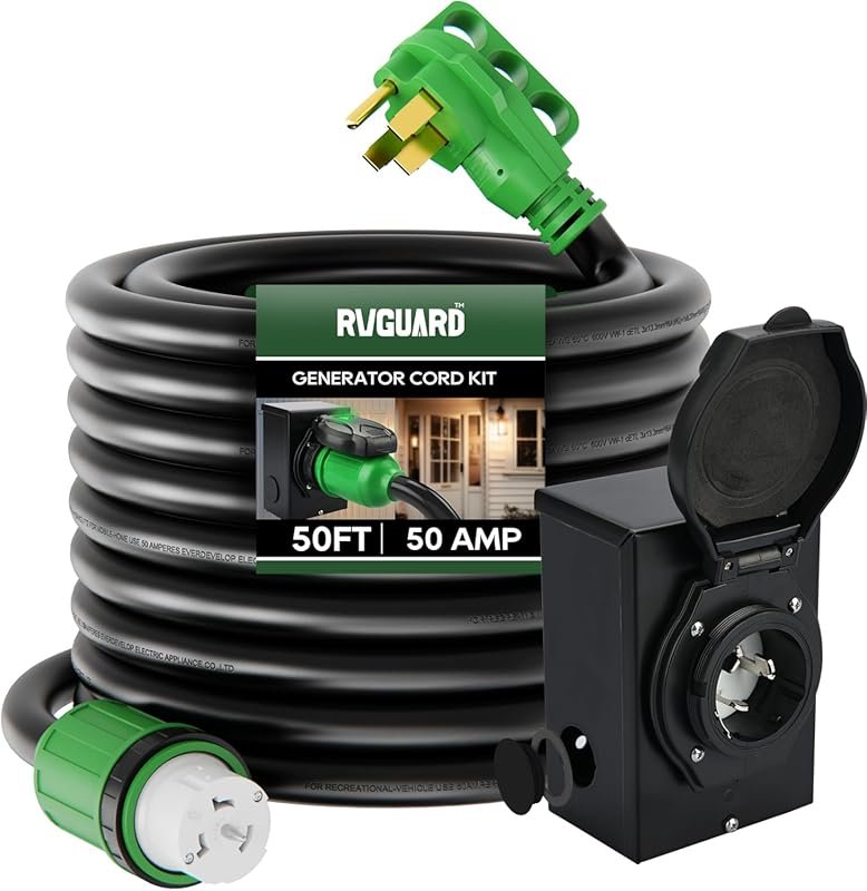 RVGUARD 50 Amp 50-Foot Generator Cord and Inlet Box Combo Kit with Pre-Drilled Holes