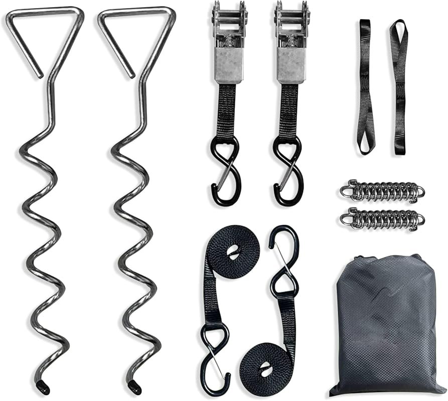 Heavy-Duty RV Awning Tie Down Kit with Ratchet Strap and Buffer Tensio