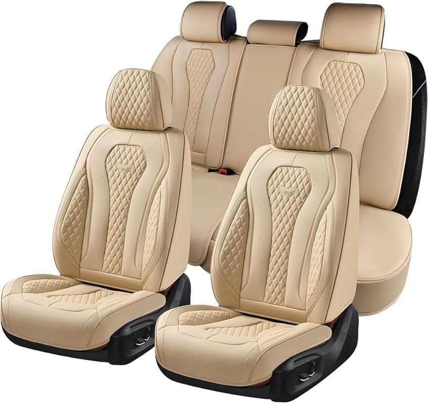 Coverado Universal Car Seat Covers: Full Set, Waterproof Beige Leather