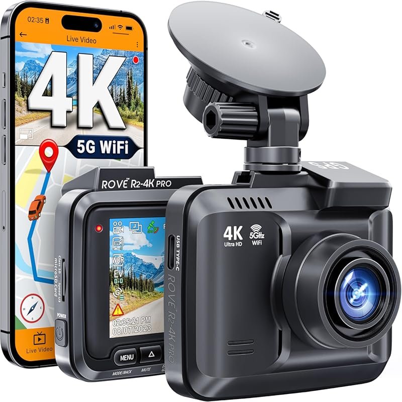 ROVE R2-4K Pro dash cam with 5G WiFi, GPS, 150-degree wide angle, and 