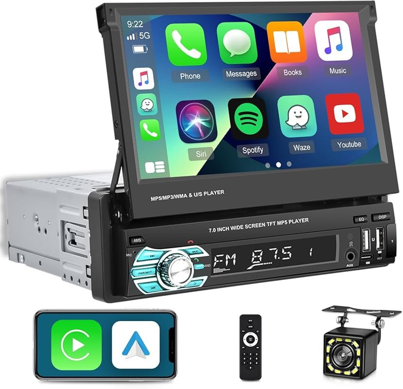 Single DIN Car Stereo with 7-Inch Flip-Out Touchscreen, Wireless CarPl