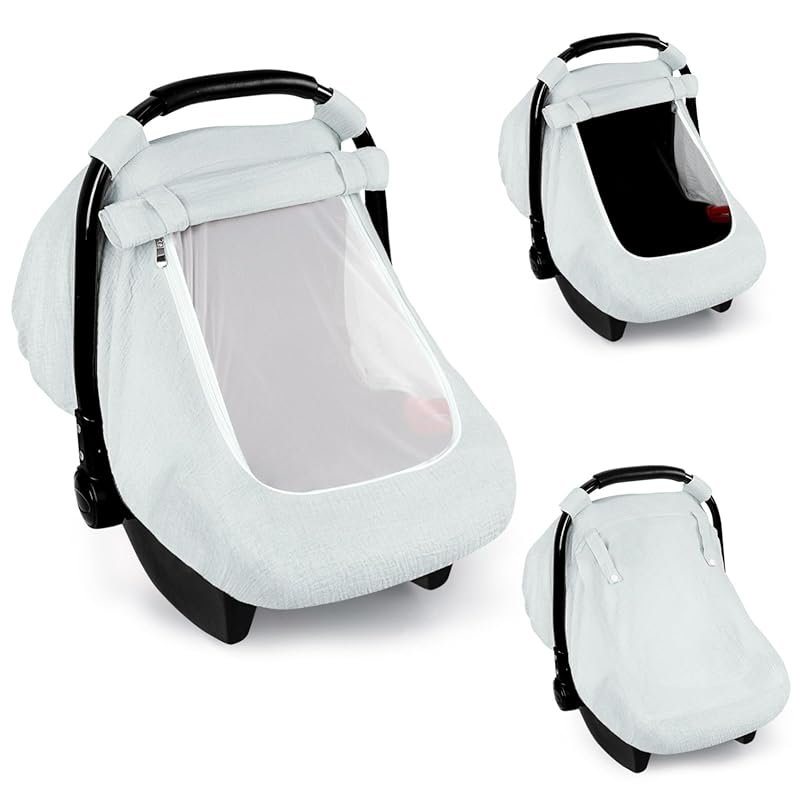 Muslin Baby Car Seat Cover in Gray with Breathable Window for Summer C