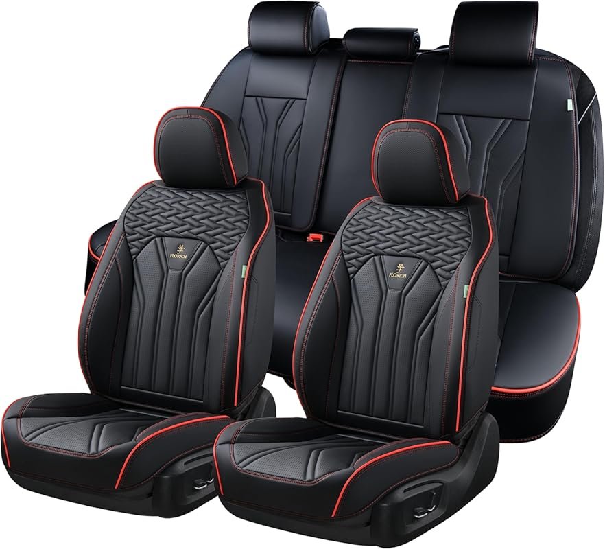 Florich leather seat covers full set, black and red line, fits most ca