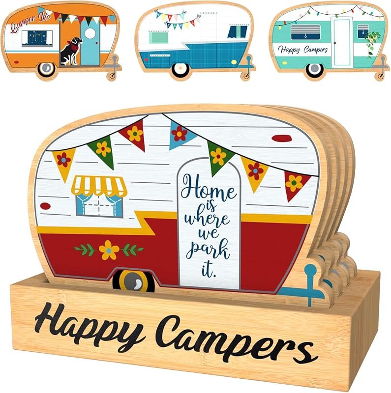 Bamboo Camper Coasters Set of 4 with Holder, Perfect Gift for RV Campe