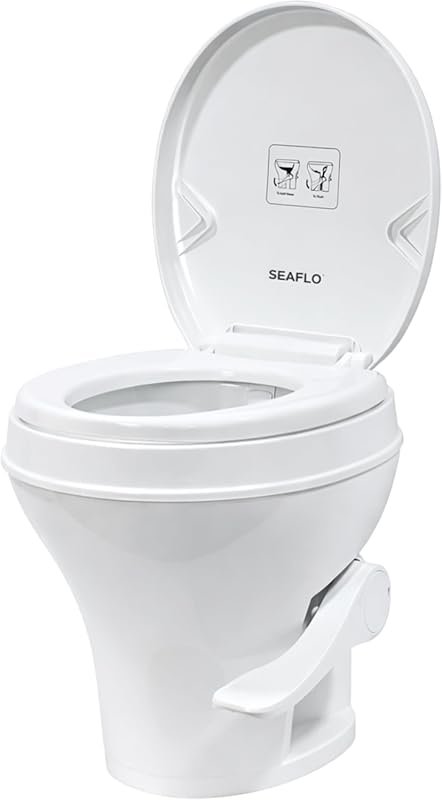SEAFLO RV Toilet features an 18.4-inch residential height, gravity flu