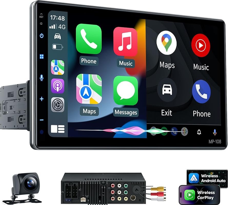PLZ 10.1-Inch Single Din Car Stereo with Wireless Apple CarPlay and An