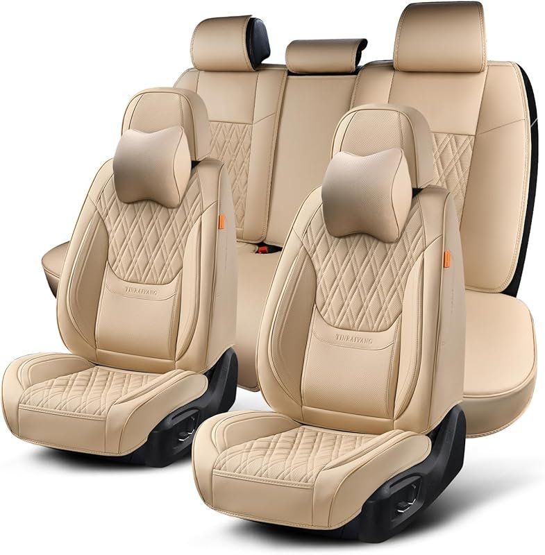 Beige Breathable Leather Full Set Seat Covers with Headrests for Unive
