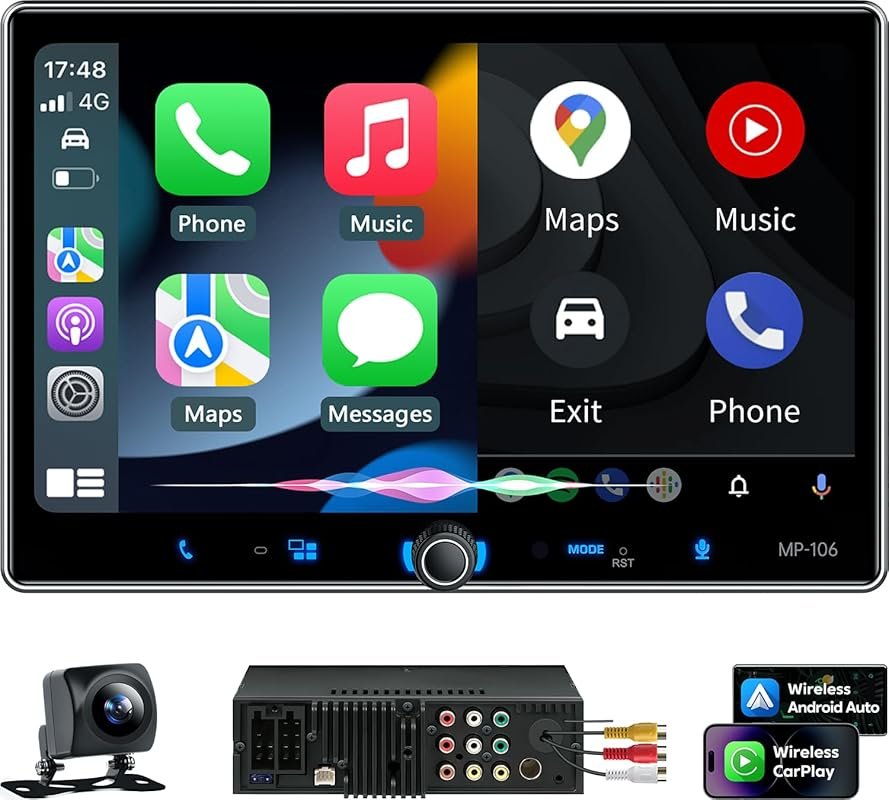 PLZ Single Din Car Stereo with 10.1-Inch Touchscreen, Wireless CarPlay
