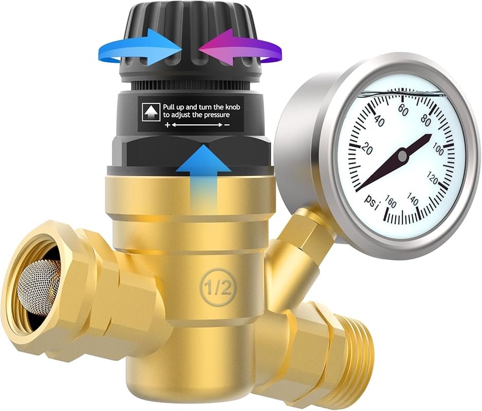 Lead-Free Brass RV Water Pressure Regulator with Adjustable Gauge and