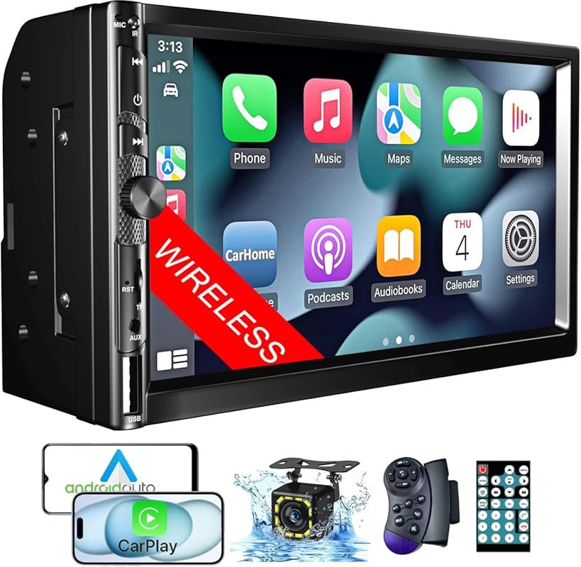 Wireless 7-inch Double Din Car Stereo with Apple CarPlay, Android Auto