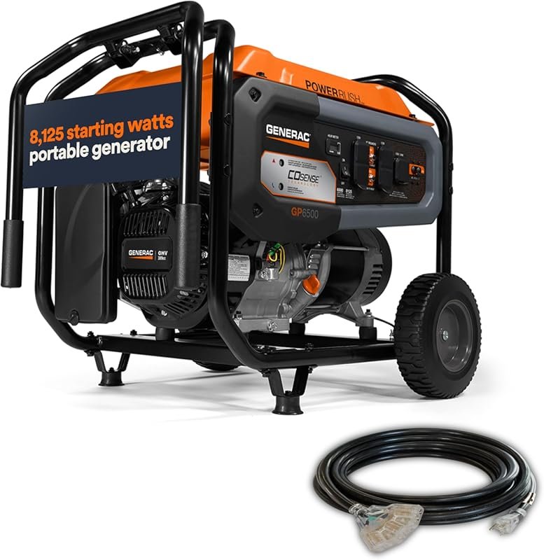 Generac 8125W Portable Gas Generator with Extension Cord for Home and
