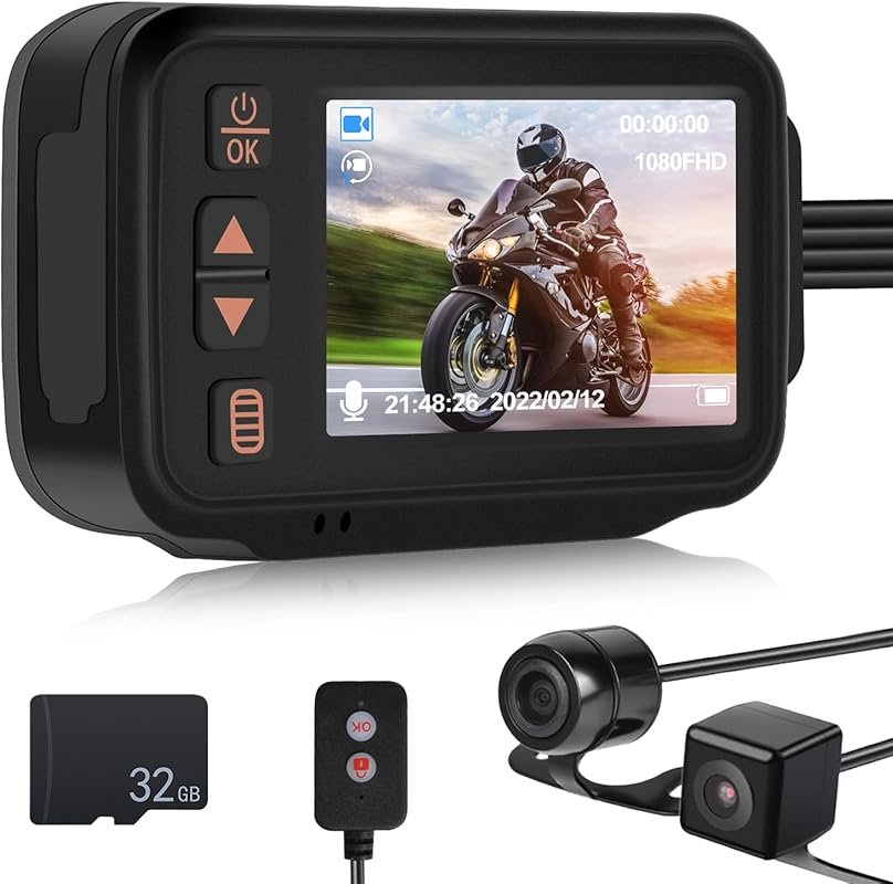 Motorcycle dash cam with front and rear lenses, 2-inch screen, IP65 wa