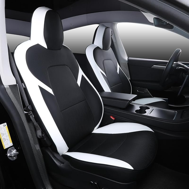 Tesla Model Y Seat Covers Full Set, Waterproof Faux Leather, Black & W