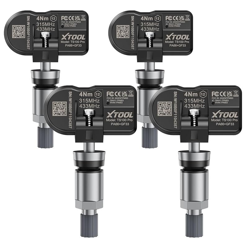 XTOOL TS100 Pro TPMS Sensors, 315/433MHz, Set of 4 with Metal Valves