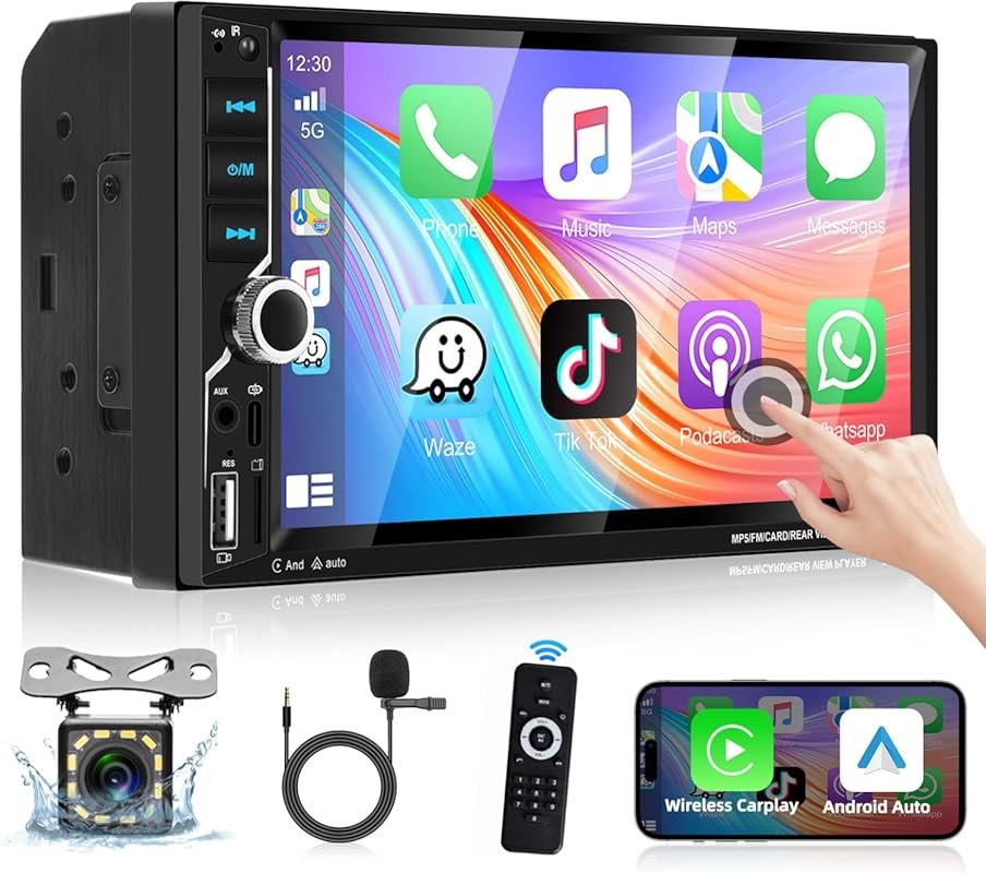 Podofo Double DIN Car Stereo 7-Inch HD Touchscreen with Apple CarPlay,