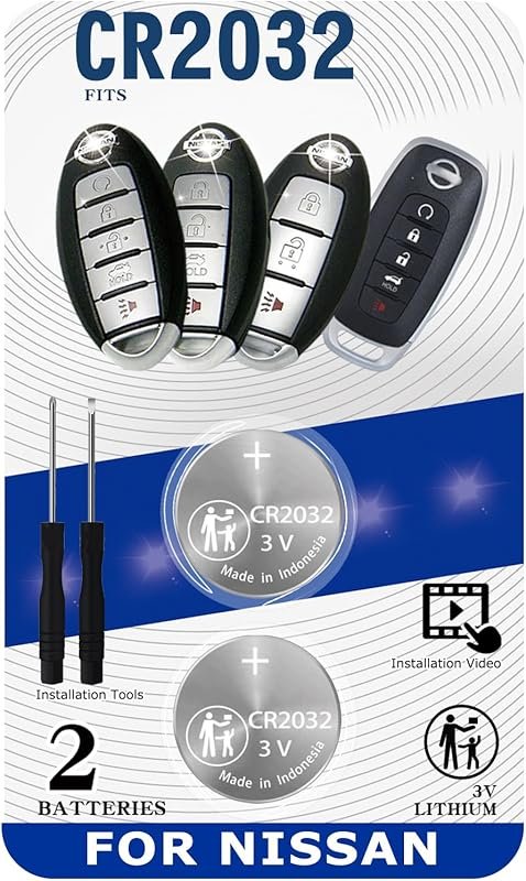 Two-Pack CR2032 Smart Key Fob Battery for Nissan Altima, Rogue, and Ot