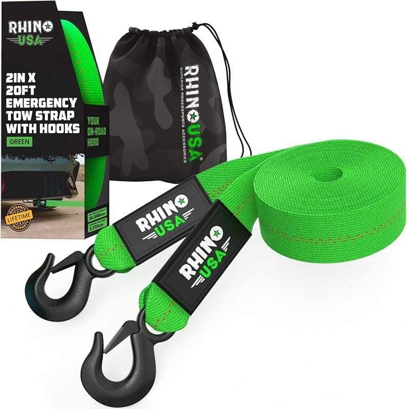 Rhino USA Tow Strap with Hooks  Lab Inspected 10,321lbs Break Strength