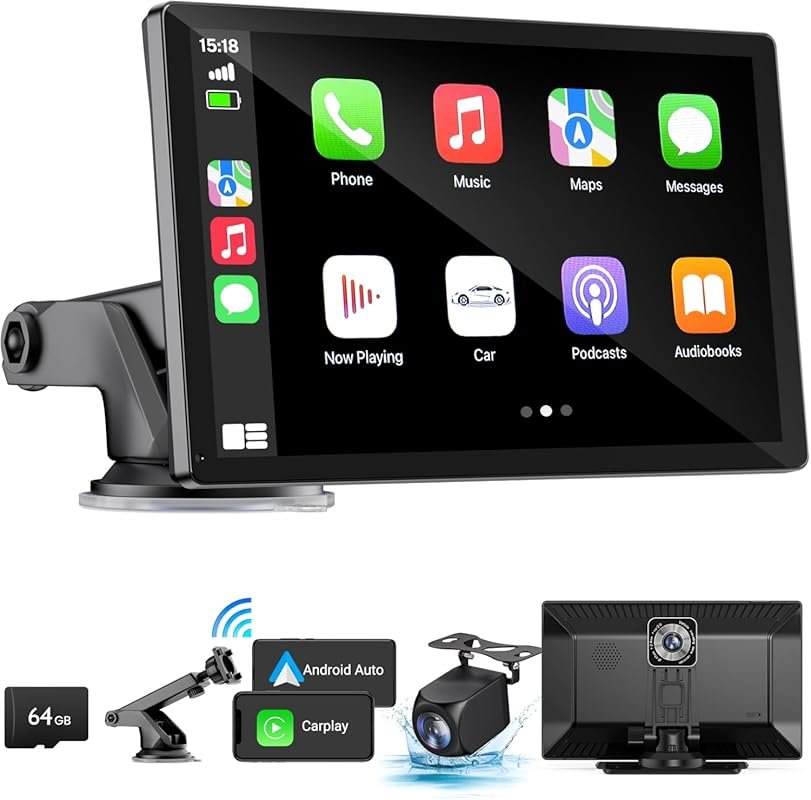 9-inch portable dash cam with wireless CarPlay, Android Auto, and 1080