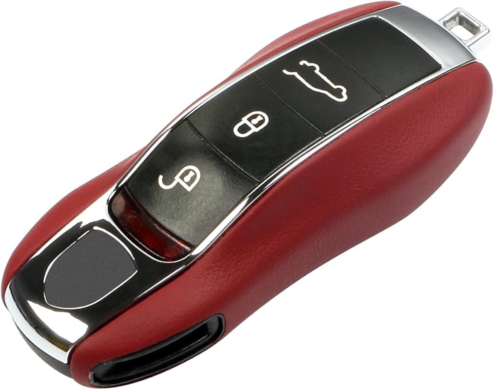 Bordeaux Red Leather Key Fob Cover for Porsche Macan, Panamera, 911, a