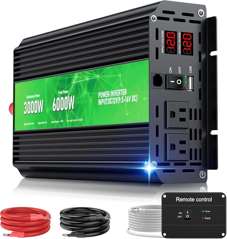3000W Power Inverter with Remote Control, LCD Display, and AC Outlets 