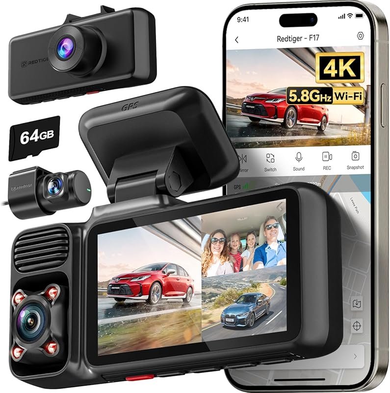 REDTIGER F17 3-channel 4K dash cam with front, rear, and cabin views, 