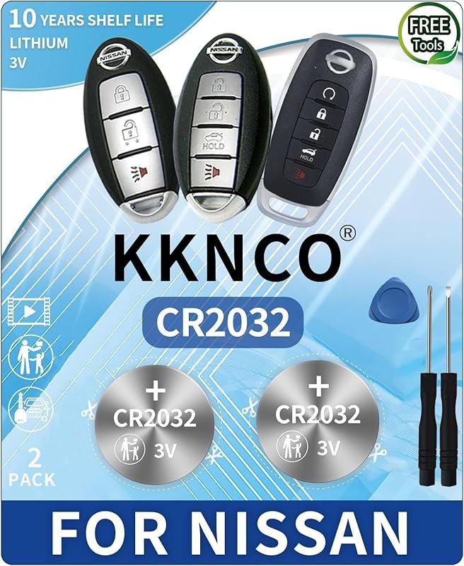 Two-Pack CR2032 Car Key Fob Battery for Nissan Altima, Rogue, and Othe