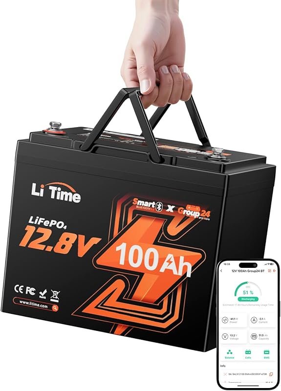 LiTime 12V 100Ah Bluetooth LiFePO4 Group 24 Deep Cycle Battery for RVs