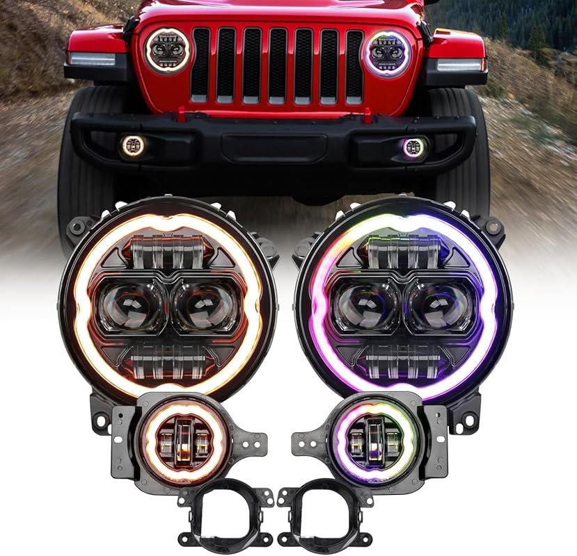 Oppulite 9-Inch Color Halo LED Headlights for Jeep Wrangler JL with Am