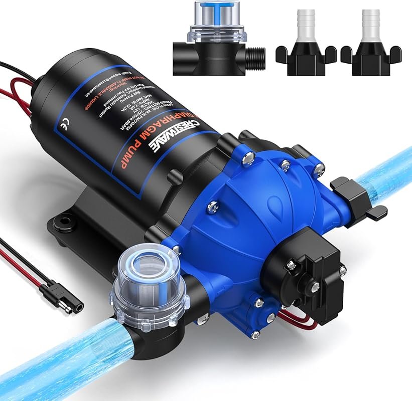 CrestWave 12V DC RV Water Pump, 7GPM 70PSI, Upgraded Five Chamber Self