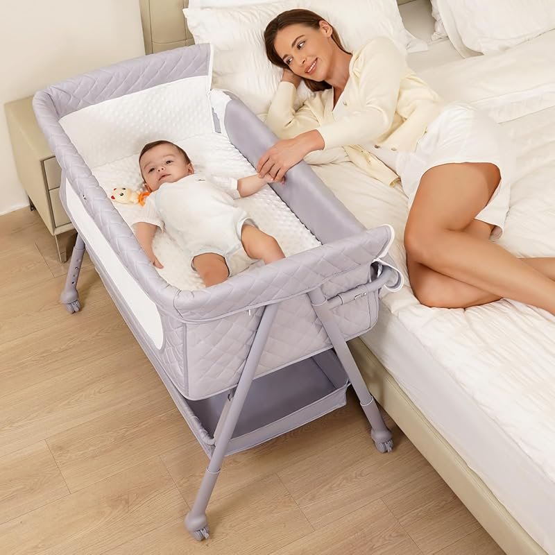 Bassinet Bedside Sleeper with Adjustable Height, Wheels, Easy Assembly