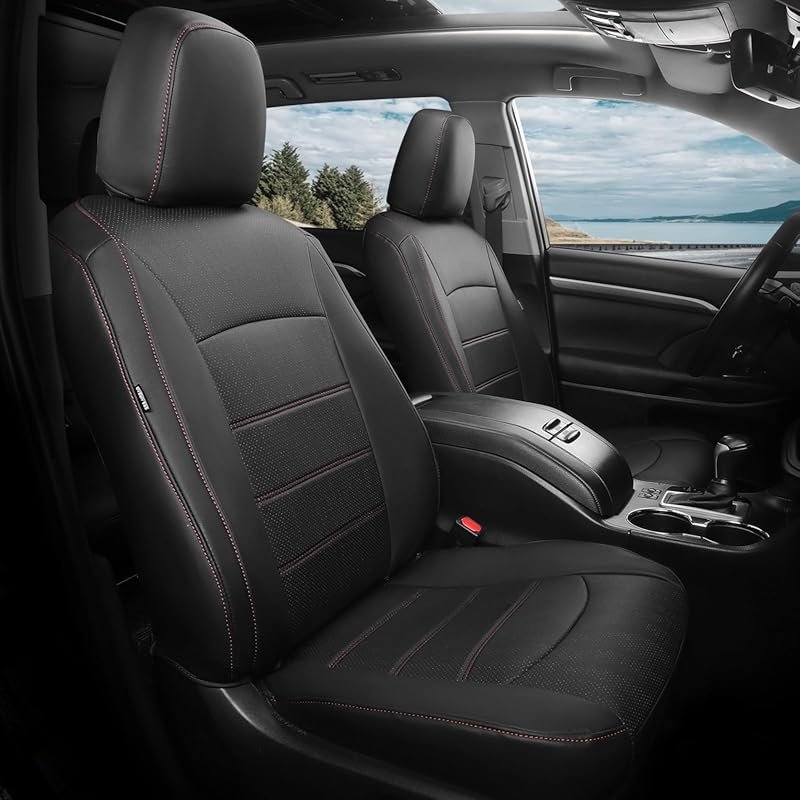 Black Red Faux Leather Seat Covers for 2014-2019 Toyota Highlander, 8-