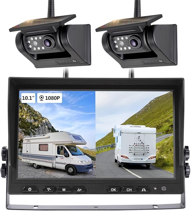 Dual Solar Wireless Backup Camera for Trucks with 10.1-Inch Monitor an