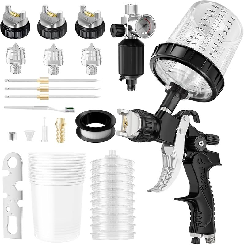 HVLP Air Spray Gun Kit with Multiple Nozzles, Regulator, and Mixing Cu