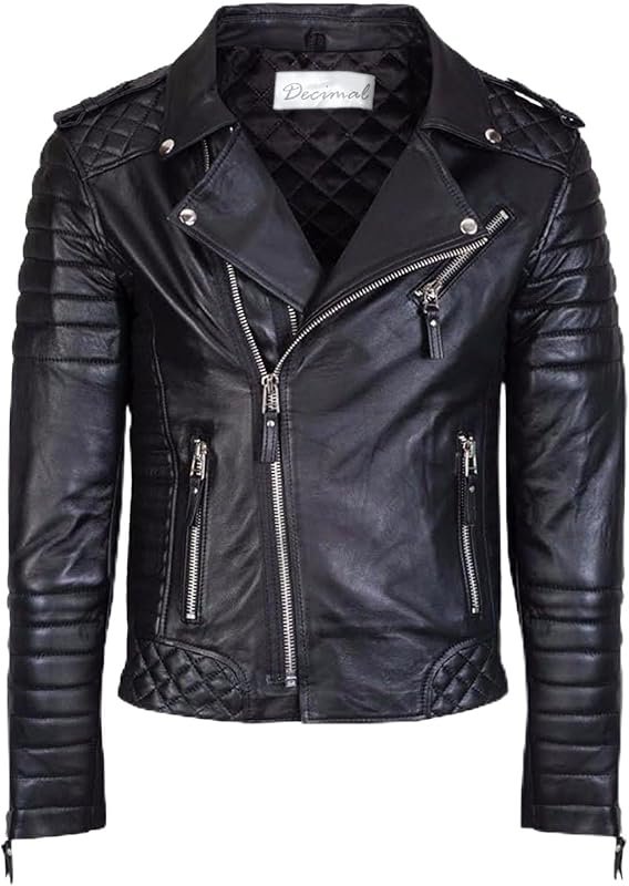 DECIMAL Men's Black REAL Lambskin Leather Biker Jacket VINTAGE GENUINE