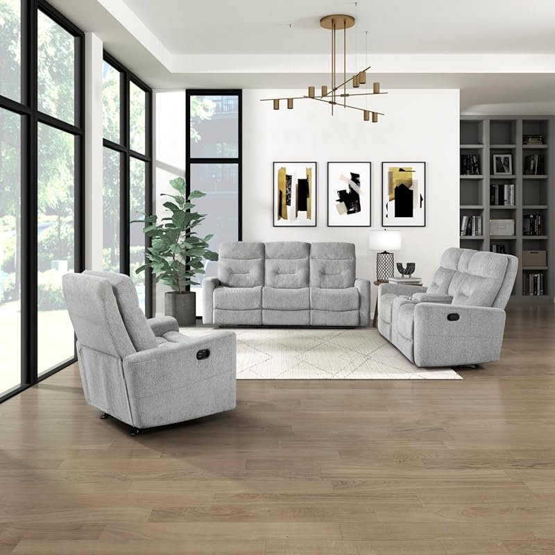 Grey chenille wall hugger recliner set for RV with sofa and loveseat