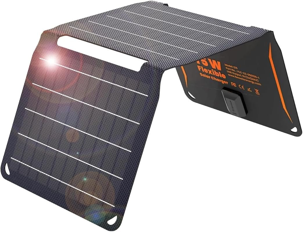 FlexSolar 15W portable foldable solar charger with 5V/3A USB output, I