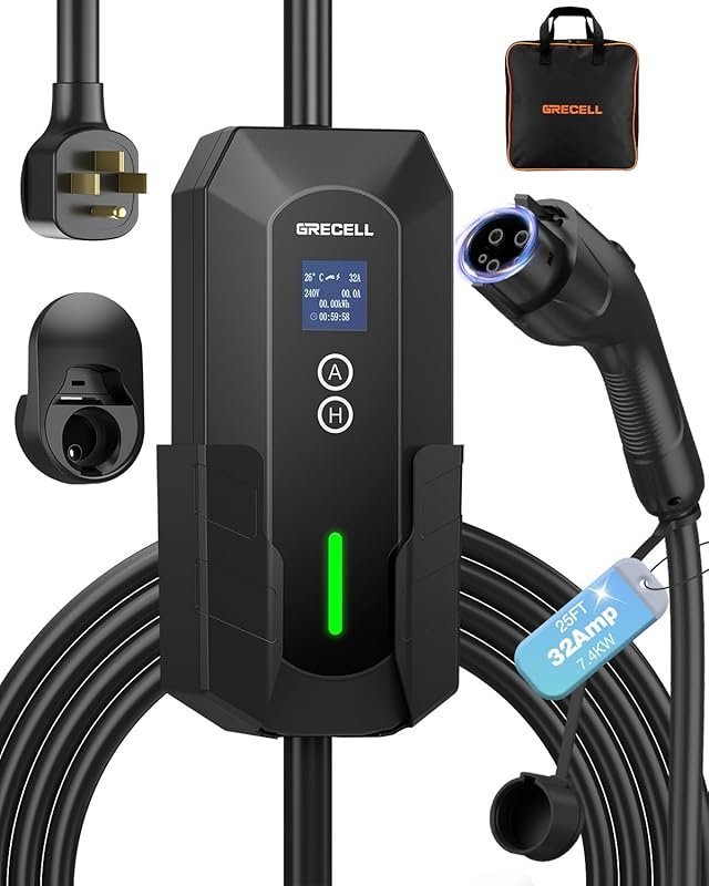 GRECELL Level 2 EV Charger: 32A/7.4KW Portable Charger with 25FT Cable