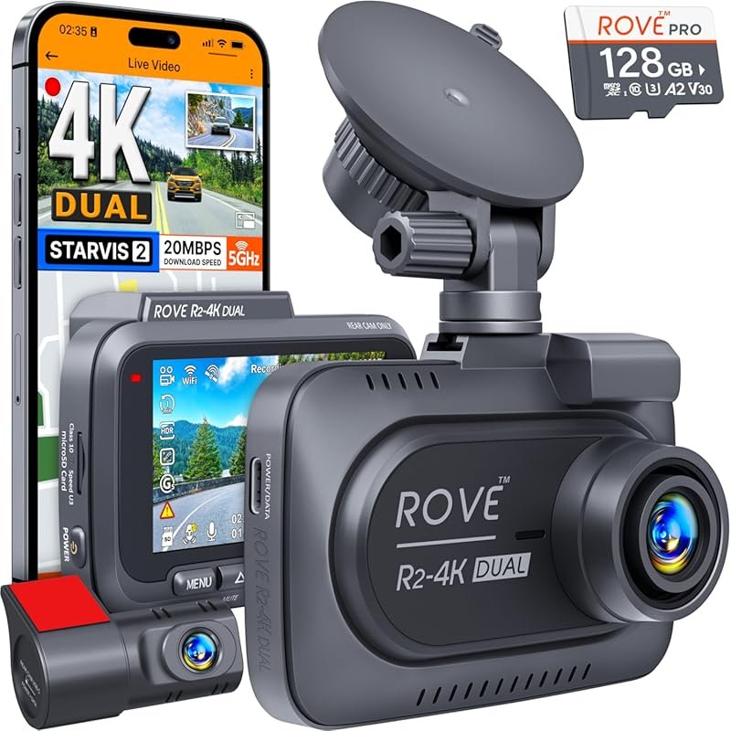 ROVE R2-4K Dual Dash Cam Front and Rear with 4K Recording and STARVIS 