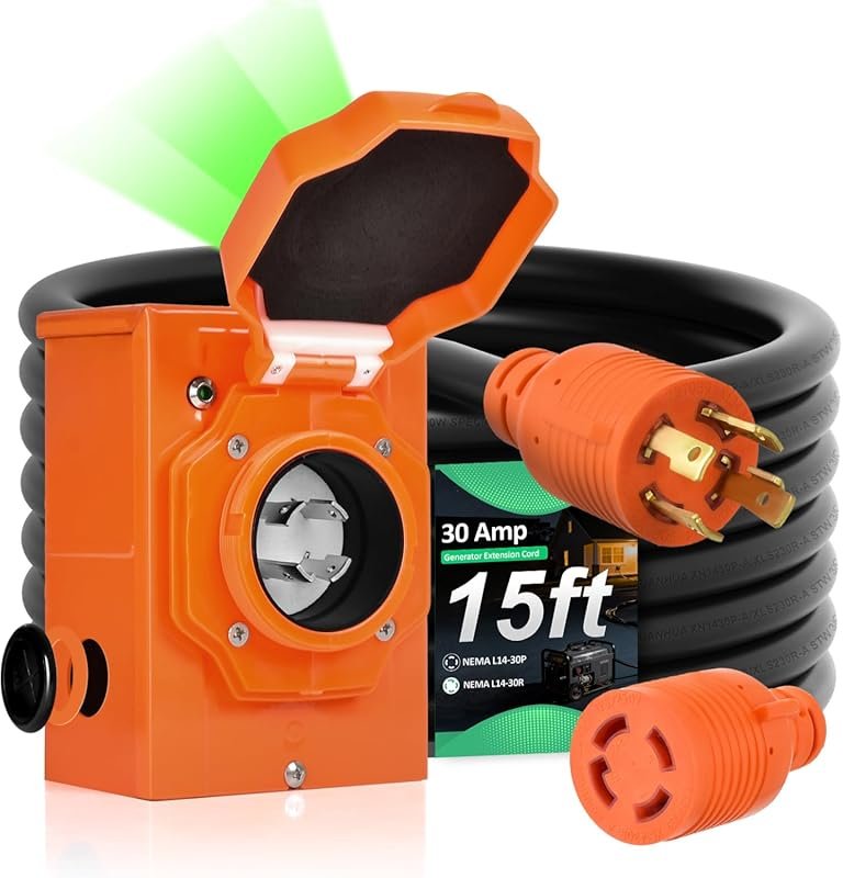 15-Foot 30 Amp RV Generator Cord and Power Inlet Box Kit for NEMA L14-