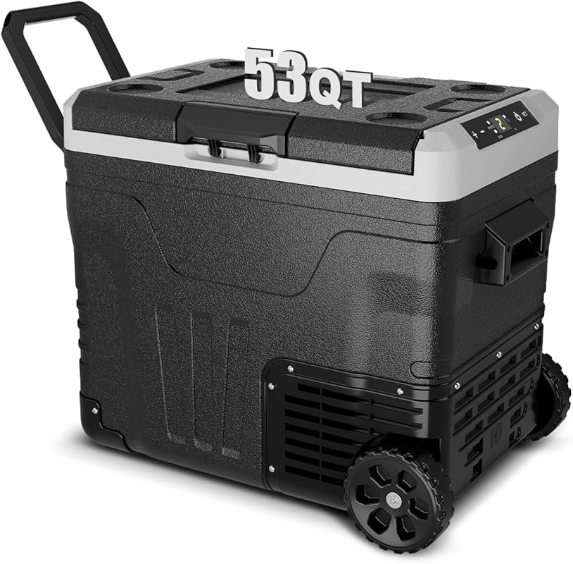 Portable 53-Quart 12V Refrigerator with Wheels and Dual Power for Camp