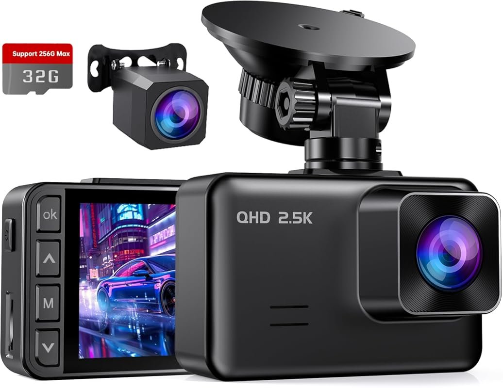 Dash Cam Front and Rear, 2.5K+1080P Dual Dash Camera for Cars, 2’’ Dis