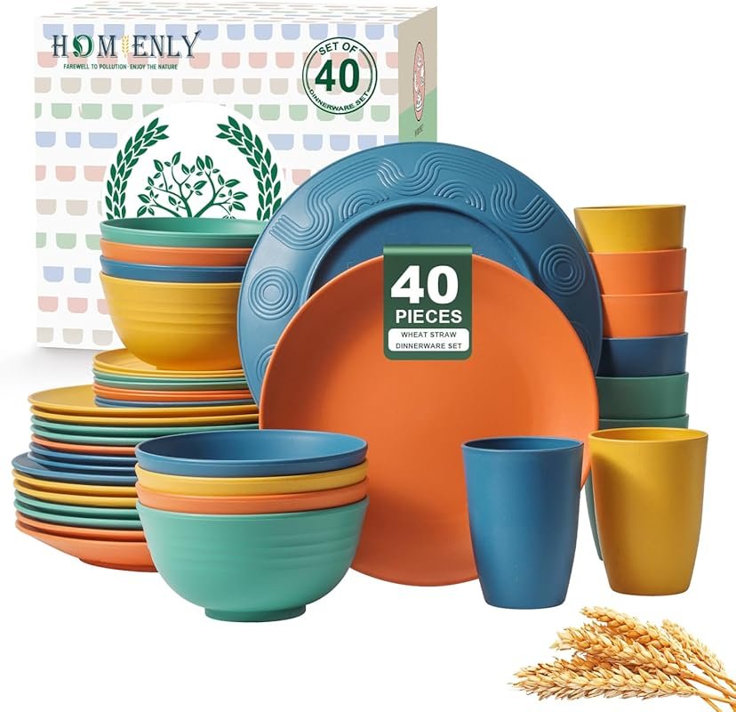 Homienly 40-Piece Wheat Straw Dinnerware Set for Eight - Dishwasher an