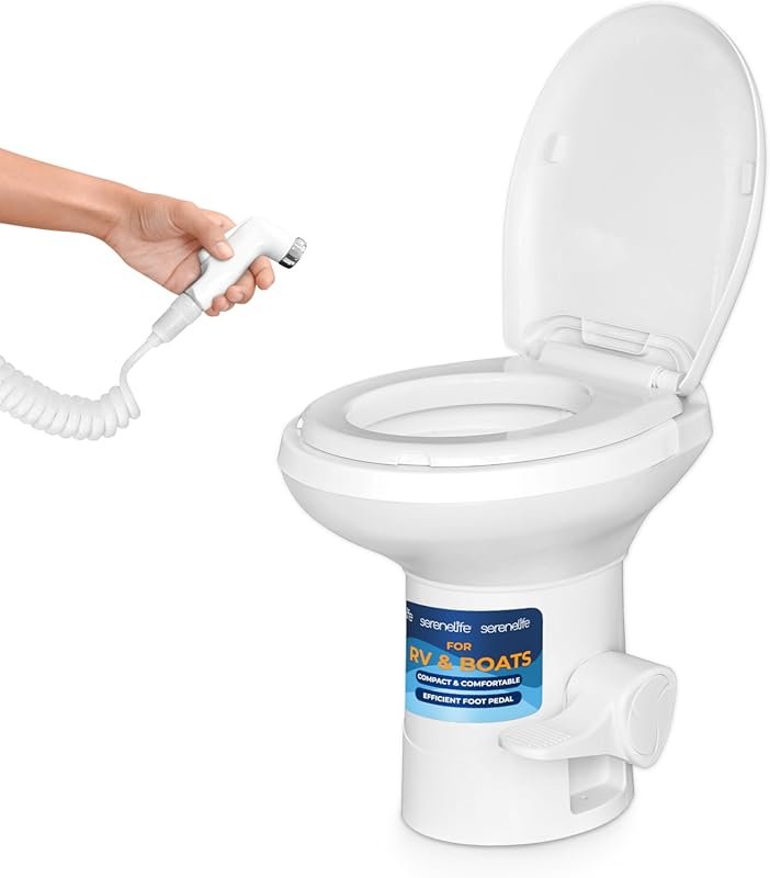 SereneLife Camper and RV Toilet with Foot Pedal Flush, Hand Sprayer, a