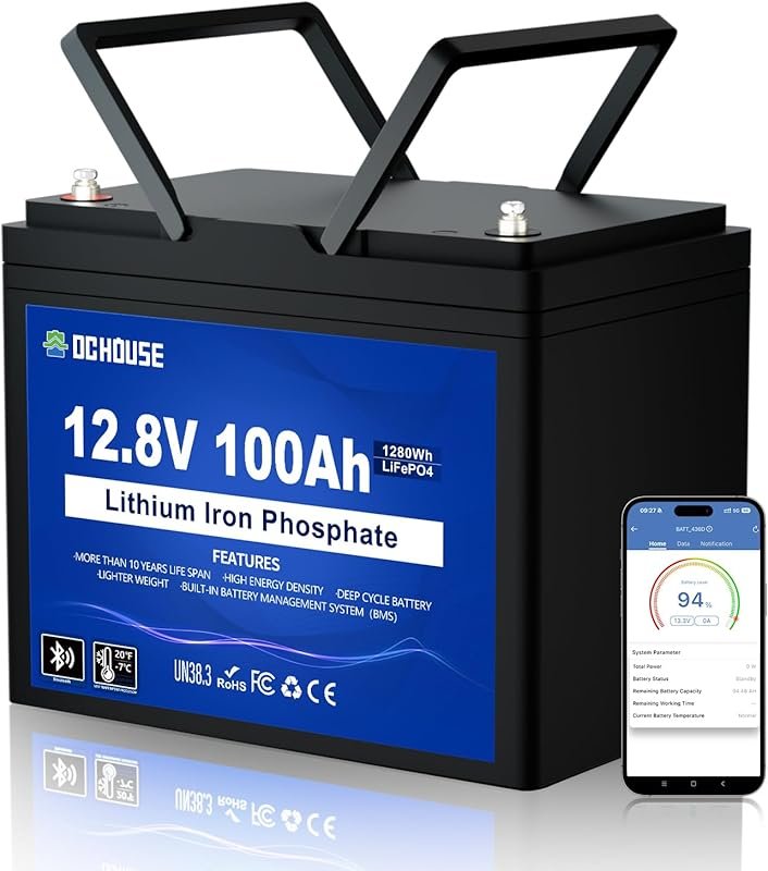 DC HOUSE 12V 100Ah LiFePO4 Battery with Bluetooth Low-Temp Cut-Off and