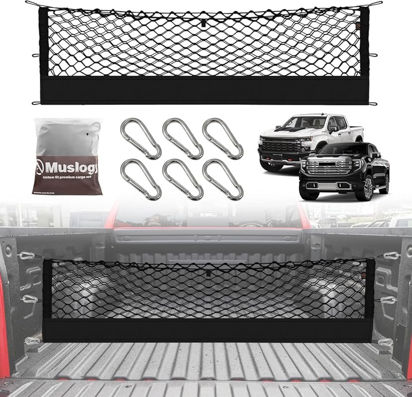 Muslogy Truck Bed Cargo Net for Chevy Silverado and GMC Sierra Trucks 