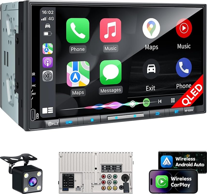 PLZ 7-Inch Double Din Car Stereo with Wireless Apple CarPlay, Android